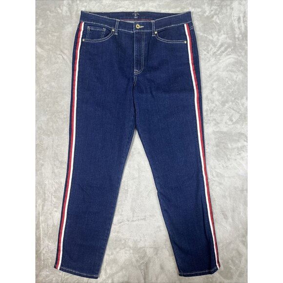Women’s Tommy Hilfiger Denim Jeans Tribeca Skinny Dark Wash Side Stripes Size 12 - Picture 1 of 15